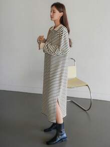 Dazy-Less Striped Half-Placket Pullover Dress For Women,Casual Women Dresses