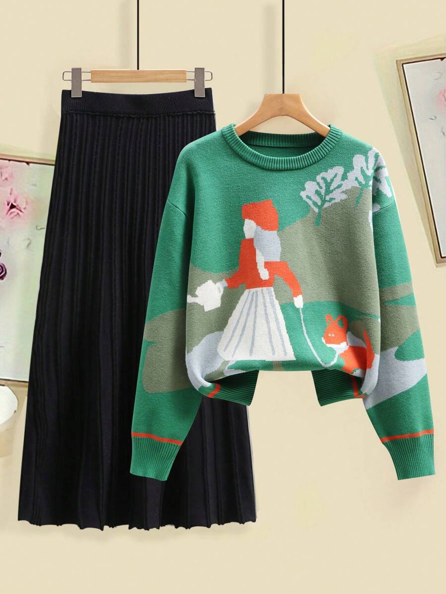 Chiquease Bộ đồ 2 món thanh lịch màu tương phản rộng rãi cho nữ, áo len dệt kim và váy, mùa thu - màu xanh lá - Xem 1