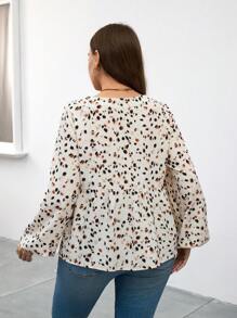 SHEIN LUNE 大码休闲全印花灯笼袖衬衫，适合秋季派对衬衫，优雅的办公穿着，大码女士优雅通勤简约时尚百搭畅销衬衫，春夏百搭流行设计时尚日常穿着优雅衬衫女式衬衫 - 米色 - 查看 2