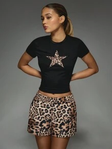 MISSGUIDED 修身 T 恤豹纹星星贴花设计短款短袖棉质平纹针织节日夏季春季休闲居家日间 - 黑色 - 查看 3