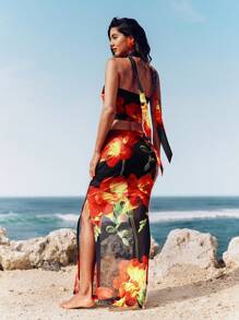 Opulessa 2 件套女士针织网眼印花短款紧身胸衣上衣和高腰裙套装 - 黑色 - 查看 2