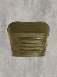 SHEIN EZwear 女士纯色褶皱简约抹胸，休闲日常穿着 - 軍綠色 - 查看 2