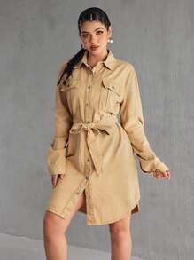 SHEIN EZwear Women's Autumn Long Sleeve Single Breasted Utility Pocket Casual Denim Shirt Dress - Khaki - View 6