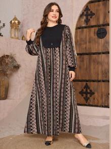 Al Najma Plus Size Women's Round Neck Print Patchwork Lantern Sleeve Loose Casual Everyday Arabian Dress, Modest - Multicolor - View 5