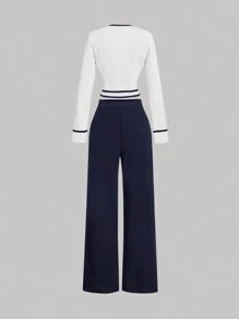 SHEIN MOD Women's Round Neck Contrast Trim Long Sleeve Top And Straight Leg Casual Pants Suit, Date Night Party,Outfit Sets,Homecoming,Outfits,Women Fall Clothes