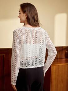 Vintamour Áo nữ thanh lịch cổ điển, áo dài tay thiết kế nơ buộc phía trước bằng vải dệt kim jacquard, có sẵn trong mọi mùa, năm mới, mùa hè, sang trọng cho phụ nữ, quần áo cổ điển - Màu be - Xem 2