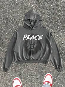Manfinity NXTstreet sweat-shirt à capuche décontracté pour hommes avec imprimé de lettre de caractère, sweat-shirt à capuche graphique à manches longues pour l'automne/l'hiver, idéal pour les cadeaux aux amis, aux maris et aux petits-amis - Gris - Voir 1