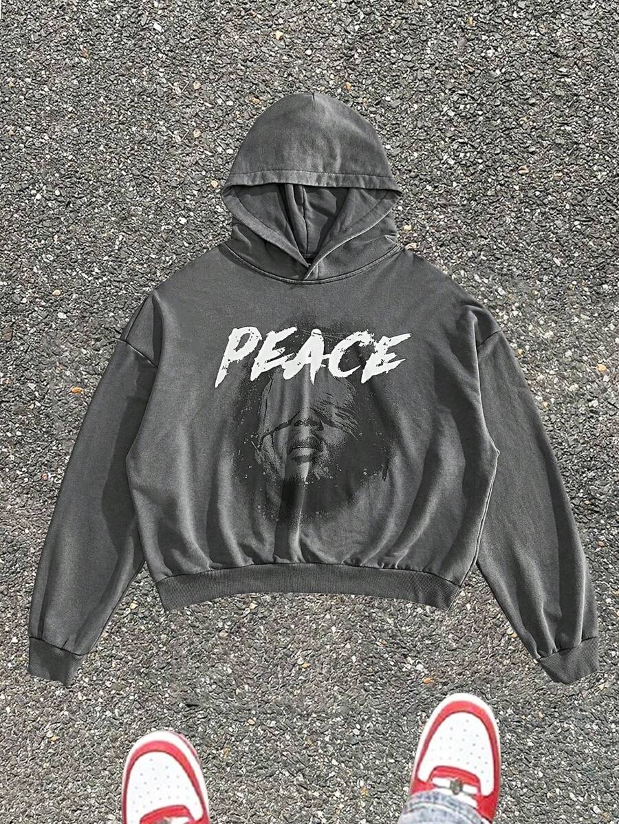 Manfinity NXTstreet sweat-shirt à capuche décontracté pour hommes avec imprimé de lettre de caractère, sweat-shirt à capuche graphique à manches longues pour l'automne/l'hiver, idéal pour les cadeaux aux amis, aux maris et aux petits-amis - Gris - Voir 1