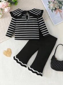 SHEIN Playful Pals 2pcs Baby Girl Autumn/Winter Cute Peter Pan Collar Striped Long Sleeve T-Shirt And Lace Ribbon Decor Pants Set, Casual And Comfortable For Outdoor - Black and White - View 2