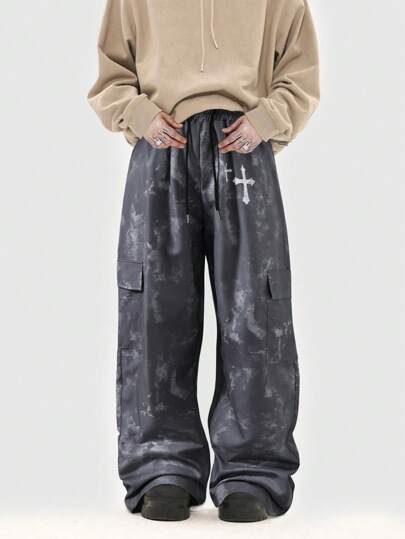 Street Life Men's Cross Tie Dye Print Drawstring Waist Wide Leg Cargo Pants