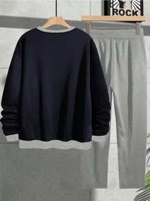 Manfinity Homme Plus Size Men's Letter Print Round Neck Long Sleeve T-Shirt And Drawstring Waist Pants Casual Suit, Autumn - Light Grey - View 2