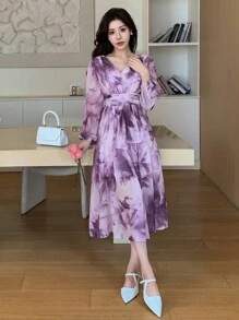 DAZY Vestido con estampado floral de manga abullonada y cuello en V de longitud media para mujeres