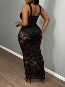 Slaydiva 优雅性感黑色无袖蕾丝透明长裙，适合派对、约会、情人节、加大码 - 黑色 - 查看 2