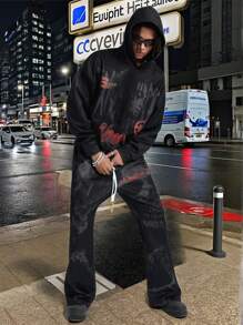 Manfinity VCAY Men's Loose Digital Print Long Sleeve Knit Sweatshirt Set, For Fall Winter - Black - View 5