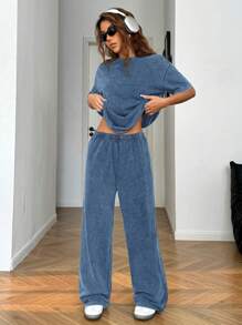 SHEIN EZwear 秋冬休闲家居圆领短袖直筒裤做旧洗水宽松套装 - 藍色 - 查看 5