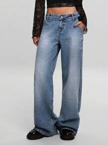 EURMUSE Low Waist Wash Detailed Wideleg Jean - Medium Wash - View 1