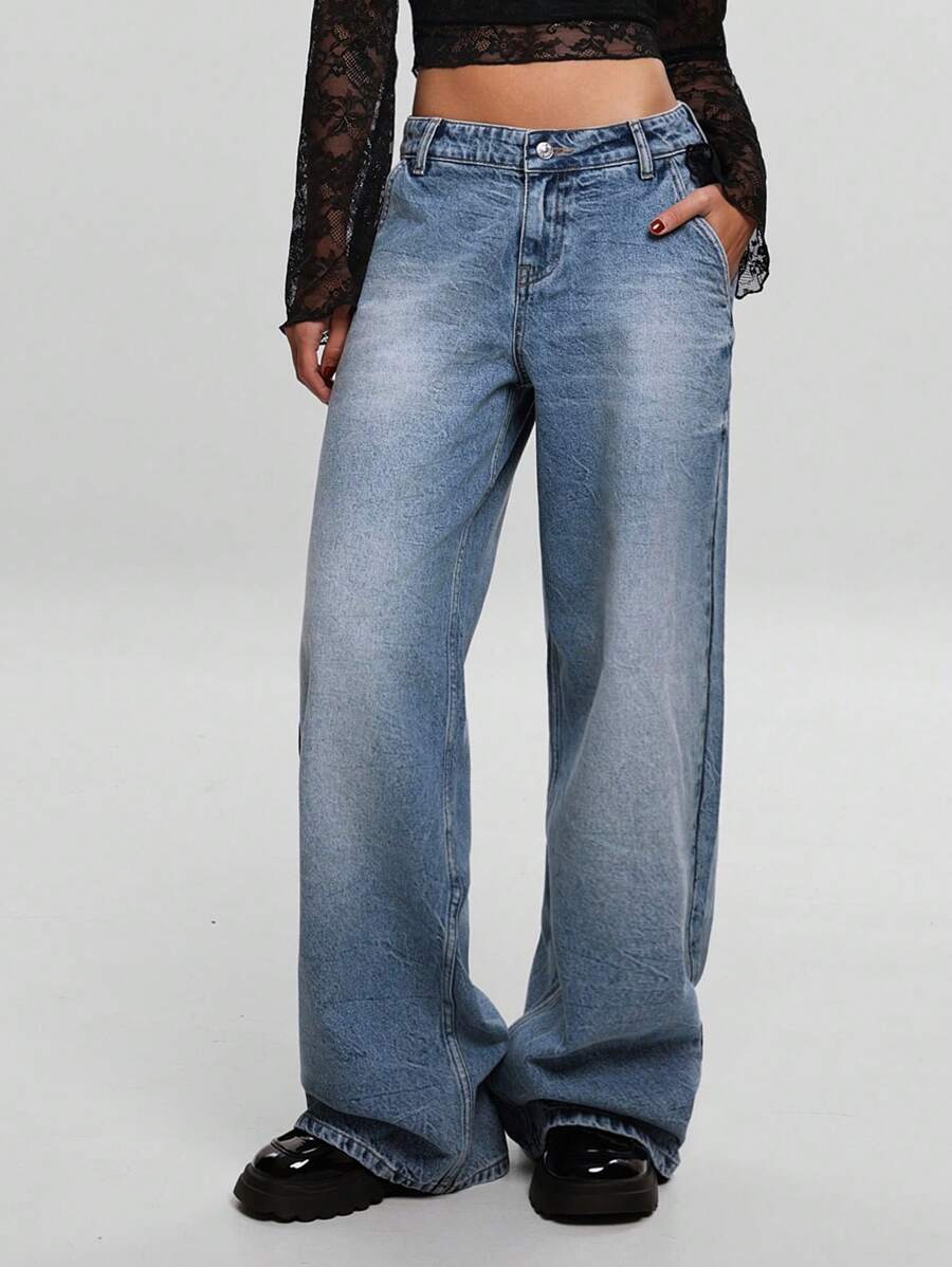 EURMUSE Low Waist Wash Detailed Wideleg Jean - Medium Wash - View 1