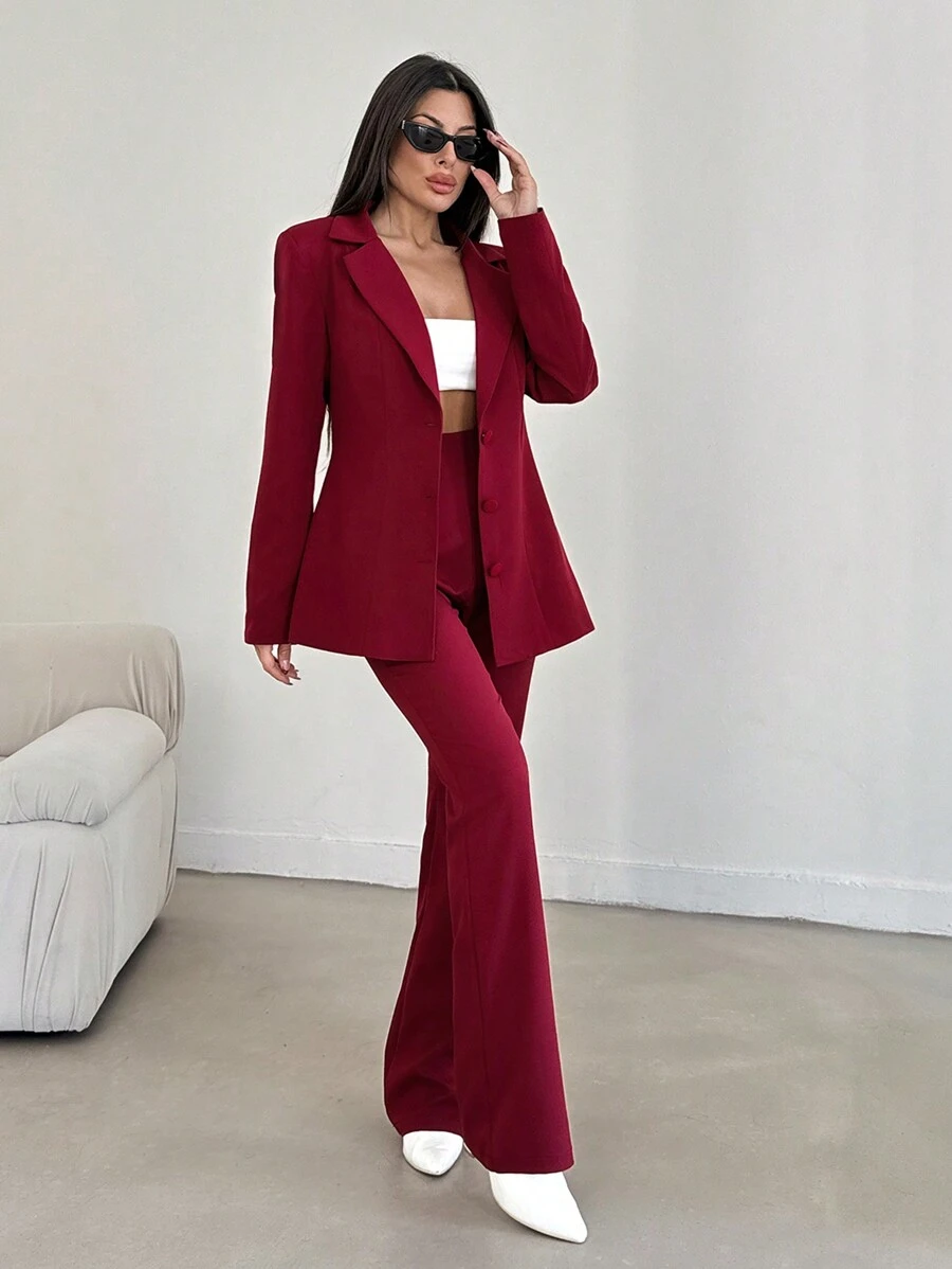 RueChic Vibrant Rose Red Sharply Cut Blazer And Flattering Flared Trousers Suit - Burgundy - View 1