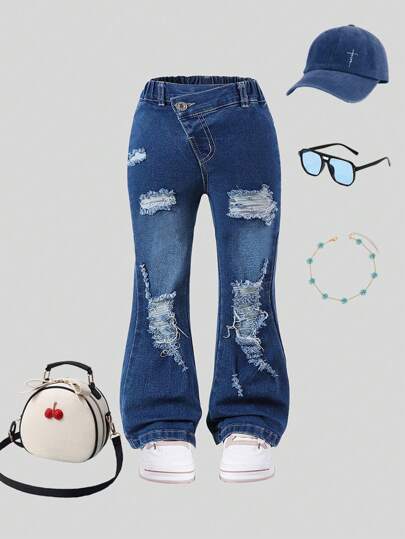 SHEIN 年轻女孩时尚弹力腰喇叭破洞牛仔裤