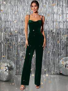 SHEIN Clasi Holiday ClothesVelvet & Sequin Spaghetti Strap Jumpsuit For Women