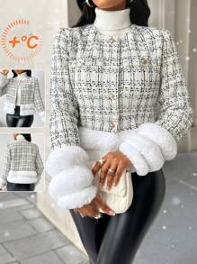 SHEIN Lady 白色长裤小香风外套毛绒踝部拼接优雅精致女士大衣