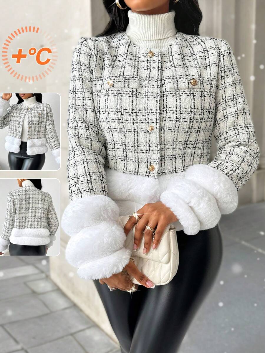 SHEIN Lady 白色长裤小香风外套毛绒踝部拼接优雅精致女士大衣