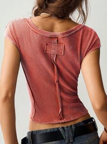 Bohemela 度假休闲纯色针织圆领短袖修身常规女式 T 恤 - 紅色 - 查看 4