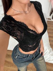 Muchica Women's Sexy Solid Color Lace V-Neck Crop Top - Black - View 6