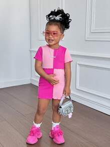 SHEIN Sparklyn 女宝宝可爱 Y2K 百搭日常居家粉色罗纹拼接短袖圆领迷你连衣裙 - 玫紅色 - 查看 3