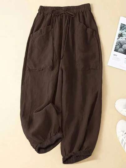 EMERY ROSE Plus Size Women's Solid Color Waist Tie Elastic Cuff Loose Casual Pants