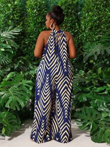 Slaydiva Combinaison à jambes larges avec motif rayures et diamants, sans manches, grande taille, adaptée aux vacances et à l'usage quotidien