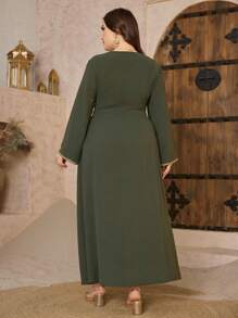Al Najma Plus Size Women V-Neck Long Sleeve Split Tie-Up Tassel Waist Slim Elegant Arabian Dress, Plus Size Arabian Dresses,Modest