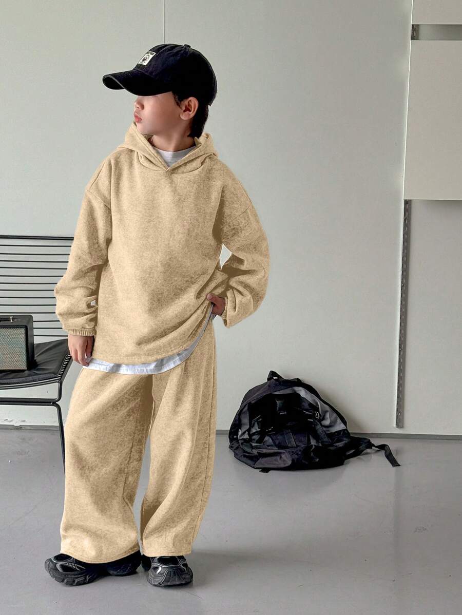 2pcs Tween Boys Casual Korean Style Flocking Fabric Hoodie Sweatshirt And Straight Leg Loose Sweatpants Set, Suitable For Commuting, School, Leisure, Travel, Sports, Spring/Summer/Autumn/Winter