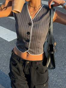 SHEIN Essnce Women Striped Vest, Contrast Trim Blazer, Business Casual - Dark Grey - View 2