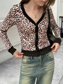 Jouncy Women's Leopard Print Long Sleeve Single Breasted Fashionable T-Shirt, Autumn Graphic Cheetah Print Tees Women Tops For Spring Fall Cloth For Women - Brown - View 1