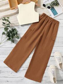 SHEIN Tween Girl 纯色不对称吊带背心和阔腿裤 2 件套 - 彩色 - 查看 2