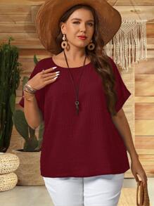 EMERY ROSE Chemise d'été casual ample en couleur unie et texture, avec manches chauve-souris, tailles plus grandes - Rouge - Voir 4