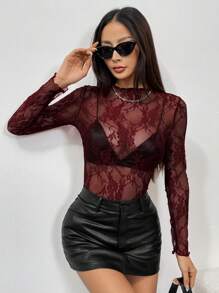 EgrlEra Petite 女士性感透视蕾丝修身长袖衬衫（随机剪裁） - 紫紅色 - 查看 3