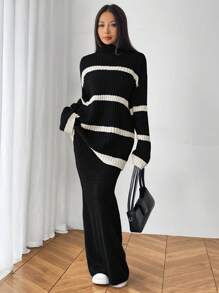 Mulvari 2pcs Women Stripe Pattern Long Sleeve Sweater And Flared Pants Set, Casual Outfit For Autumn/Winter 2 Pieces Set - Black and White - View 11