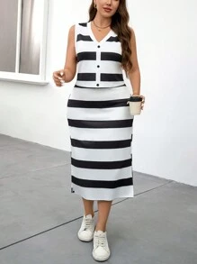 SHEIN LUNE مجموعة توب بلا أكمام مطبوع بشرائط وتنورة للنساء ذوات الحجم الكبير، طراز العملة القديمة، بسيطة للارتداء اليومي، مناسبة للعودة إلى المدرسة وملابس المدرسات، مجموعات ملابس للنساء، طقم ملابس للسفر والمطار