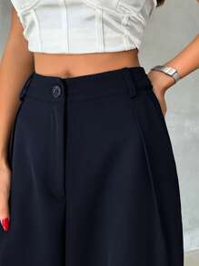 EURMUSE Women Solid Color High Waist Straight Pants - Navy Blue - View 4