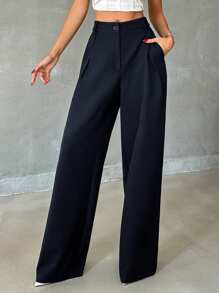 EURMUSE Women Solid Color High Waist Straight Pants - Navy Blue - View 5