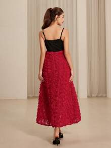 Aveloria Rosie French Elegant Romantic Floral Decor Sleeveless Contrast Color Paneled Maxi Layered Hem Dress For Women, Suitable For Spring/Summer, Valentine's Day - Red - View 4
