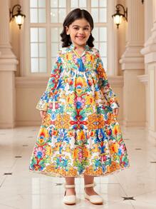 年轻女孩 Kaftan Jalabiya 束腰连衣裙，斋月和国庆节庆祝斋月传统服装，花卉波西米亚瓷器印花连衣裙，优雅时尚 - 彩色 - 查看 1