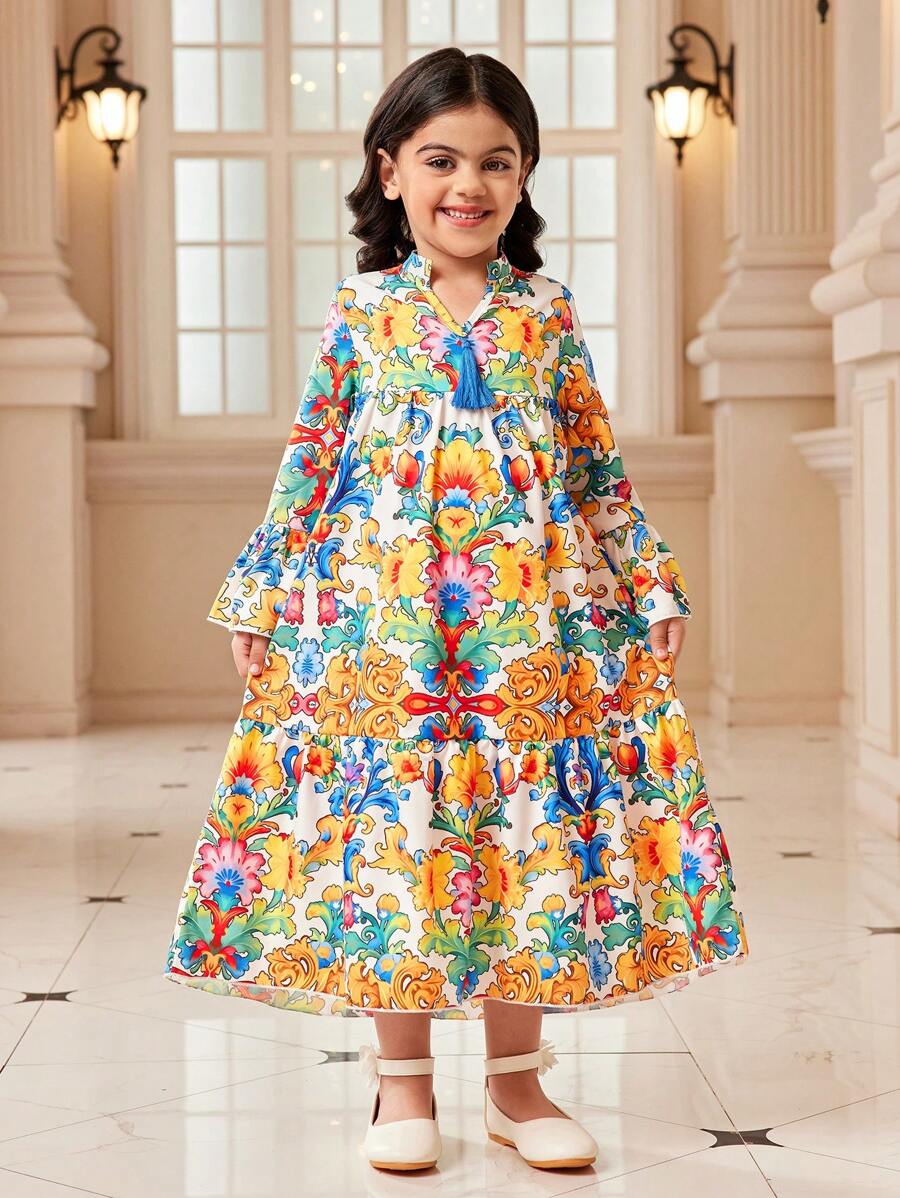 年轻女孩 Kaftan Jalabiya 束腰连衣裙,斋月和国庆节庆祝斋月传统服装,花卉波西米亚瓷器印花连衣裙,优雅时尚 - 彩色 - 查看 1
