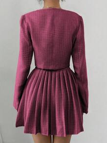 Elenzga 女式 2 件套格子圆领长袖单排扣夹克和百褶中裙，秋季 - 玫紅色 - 查看 2