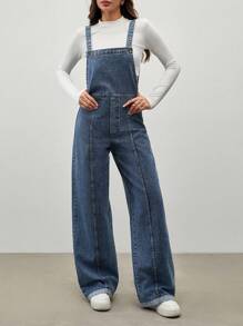 EURMUSE Casual Washed Loose Straight Leg Bib Overall Jeans - Dark Wash - View 4