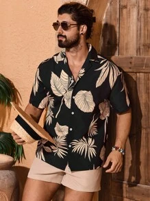 Manfinity VDAYZ Men's Plant Floral Print Short Sleeve Shirt And Solid Color Shorts Beach Outfit