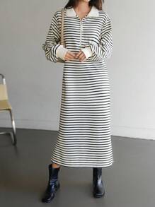 Dazy-Less Striped Half-Placket Pullover Dress For Women,Casual Women Dresses