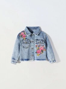 Giacca di jeans corta casual da ragazza, stile boho vintage urban, con dettagli floreali ricamati e orlo grezzo, con chiusura a bottoni e tasche piatte. - Lavaggio chiaro - Visualizzare 3
